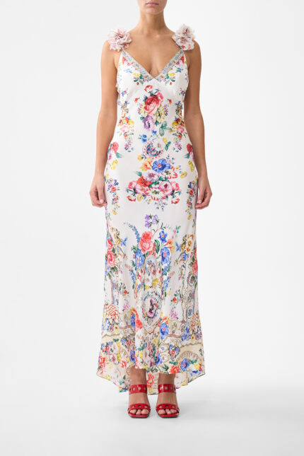 V NECK BIAS SLIP DRESS WITH BACK FRILL