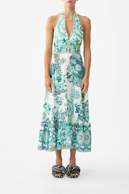 RUFFLE NECK HALTER DRESS